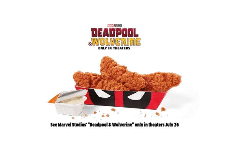 A promotional image featuring three spicy chicken strips served in a Deadpool-themed container, alongside a small container of dipping sauce. The text above promotes Marvel Studios' "Deadpool & Wolverine," releasing in theaters on July 26.