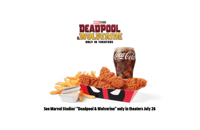 A promotional meal featuring three spicy chicken strips in a themed tray, served with golden fries and a glass of Coca-Cola, adorned with "Deadpool & Wolverine" movie graphics. This special combo is set against transparent background with movie logos visible.