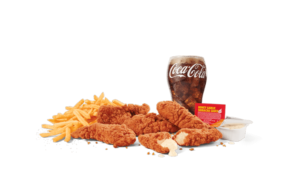 A delicious meal featuring five crispy spicy chicken strips served with a side of golden fries, a glass of Coca-Cola, and a container of honey garlic sriracha sauce, all set against transparent background.