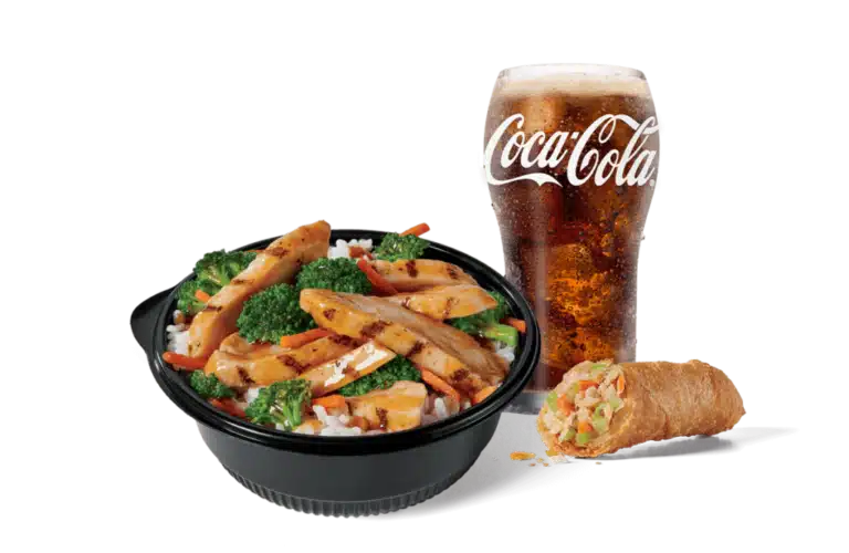 A nutritious chicken teriyaki bowl filled with grilled chicken strips, broccoli, carrots, and white rice, paired with a crispy spring roll and a refreshing glass of Coca-Cola, presented against a clear background.