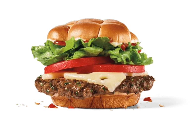Image of a Classic Buttery Smashed Jack Burger, featuring a smashed beef patty topped with melted Swiss cheese, fresh lettuce, a slice of ripe tomato, and herbed butter, served on a golden artisan bun.