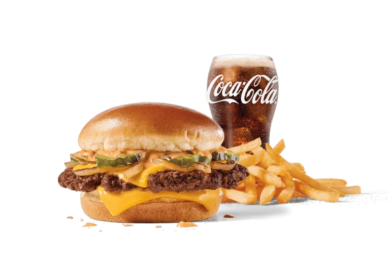 The Classic Smashed Jack Combo features a double beef patty burger with cheese, pickles, and onions, served alongside a side of fries and a refreshing glass of Coca-Cola, all presented on transparent background.