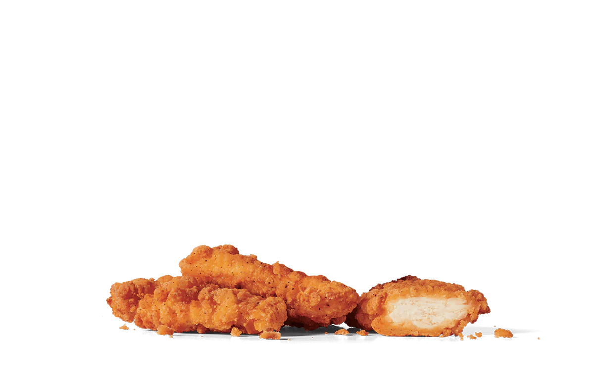 A selection of golden fried chicken strips displayed transparent background, featuring a crispy coating and tender white meat visible in a cross-section of one piece, emphasizing the appetizing texture and appearance.