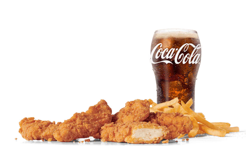 A serving of crispy chicken strips paired with golden fries and a glass of Coca-Cola, displayed on transparent background, ideal for a satisfying meal.