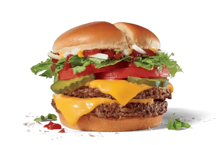Image of a Double Jack Cheeseburger, featuring two beef patties with melted cheese, topped with fresh lettuce, sliced tomatoes, pickles, onions, and condiments, all enclosed in a lightly toasted bun.