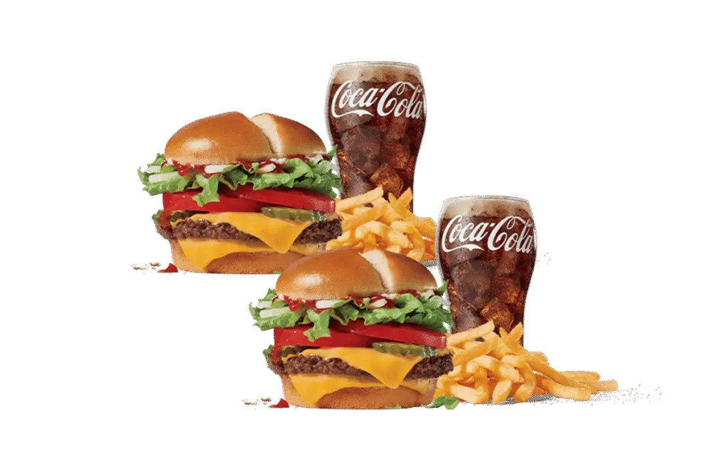 Two classic cheeseburgers with beef patties, cheese, lettuce, and tomato, accompanied by two glasses of Coca-Cola and a pile of golden fries, set against a neutral background.