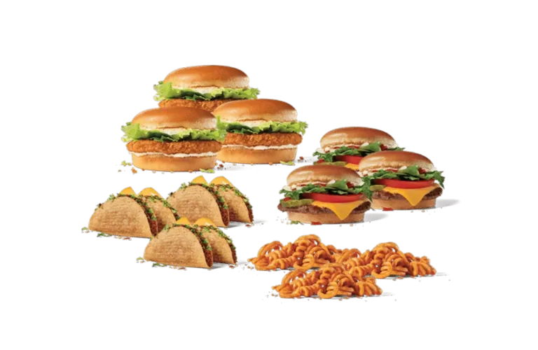A large spread of fast food items ideal for a party, featuring four cheeseburgers with lettuce and tomato, four crispy tacos filled with beef and topped with lettuce, and a serving of curly fries, all set against a neutral background.