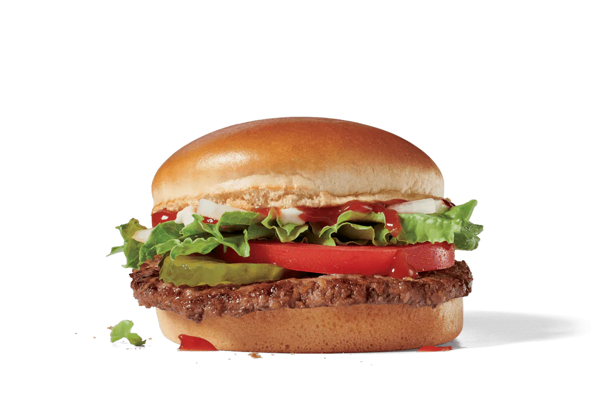 Image of a Jr. Jumbo Jack Burger showcasing a single beef patty, topped with a slice of cheese, fresh lettuce, tomato, and pickle slices, drizzled with ketchup and mayonnaise, on a soft sesame seed bun.