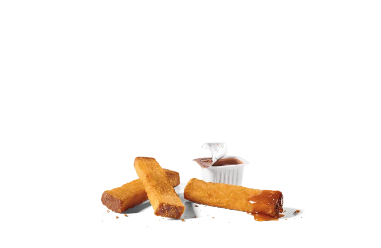 Golden-brown French toast sticks arranged horizontally, accompanied by a small container of chocolate dipping sauce on a transparent background.