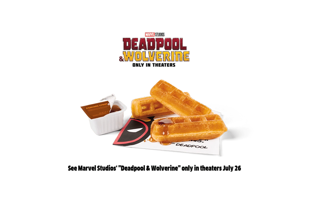 Promotional image for Marvel Studios' "Deadpool & Wolverine" featuring three waffle sticks and dipping sauces on a Deadpool-themed placemat, with the movie title and the premiere date "only in theaters July 26" prominently displayed.