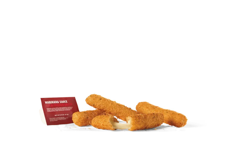 Four crispy mozzarella sticks arranged on transparent background, with one stick torn apart showing the melted cheese inside. Next to them is a packet of marinara sauce labeled 'MARINARA SAUCE - A TASTY ITALIAN GRAVY'.