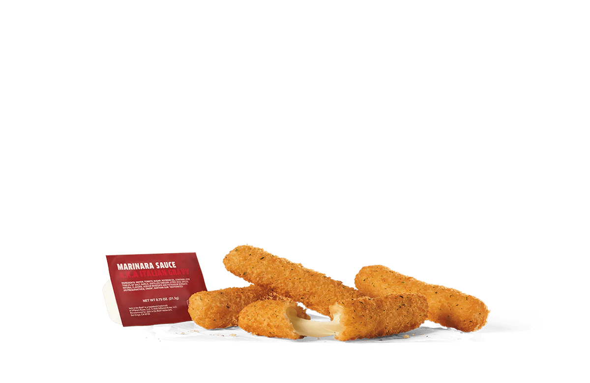 Four crispy mozzarella sticks arranged on transparent background, with one stick torn apart showing the melted cheese inside. Next to them is a packet of marinara sauce labeled 'MARINARA SAUCE - A TASTY ITALIAN GRAVY'.