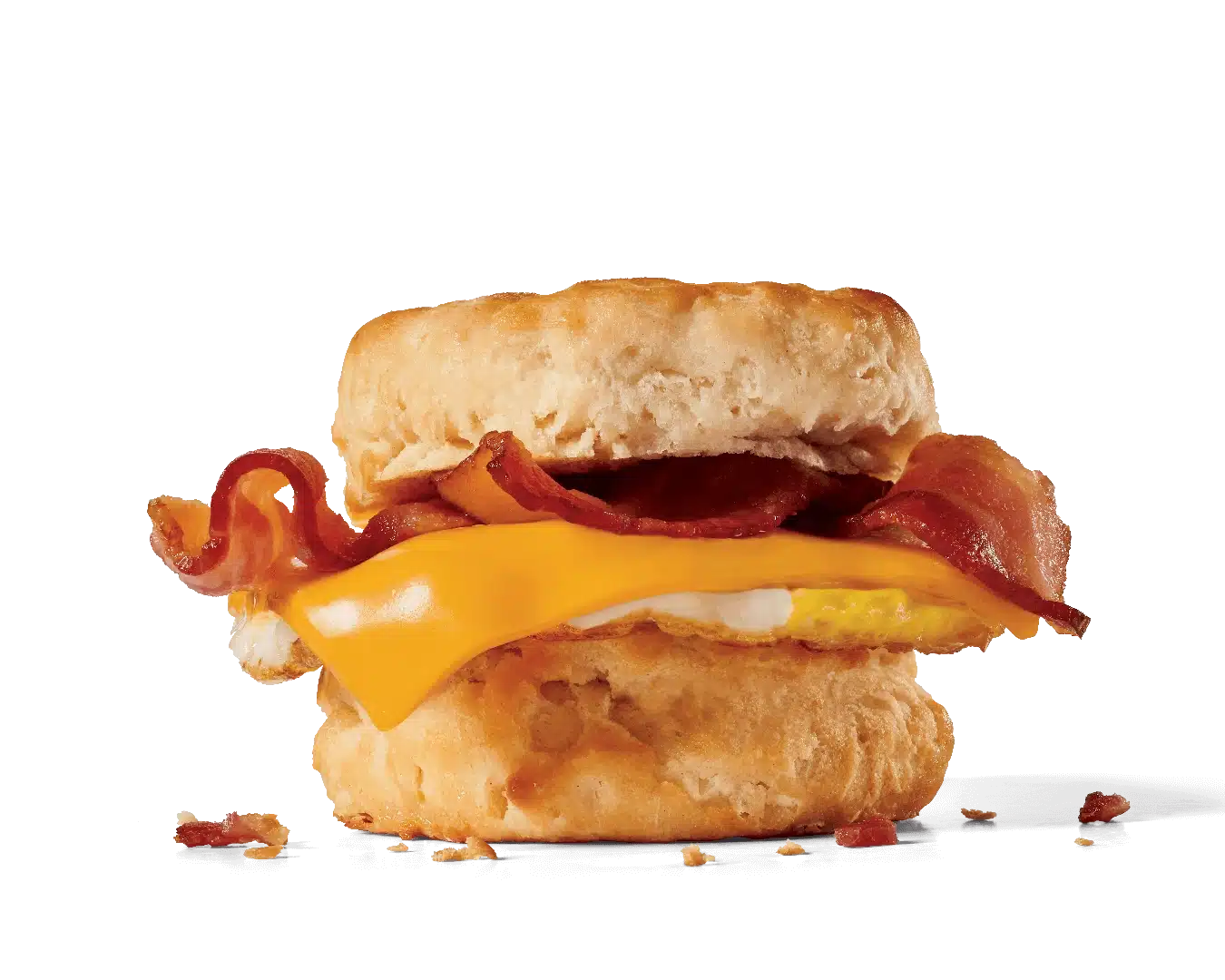 Image of a bacon, egg, and cheese biscuit, featuring a fluffy egg, a slice of melty American cheese, and crispy bacon strips peeking out from a soft, golden biscuit, all assembled into a delicious breakfast sandwich.