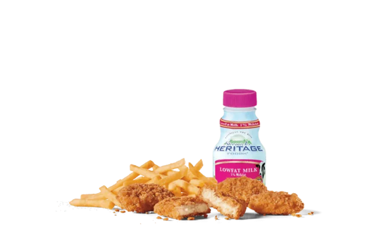 A delicious combo meal featuring crispy chicken nuggets alongside a pile of golden fries, complemented by a bottle of low-fat milk. The items are set against a clean, white background, focusing on the appealing texture and golden-brown color of the fried food, making it a tempting option for a quick and satisfying meal.