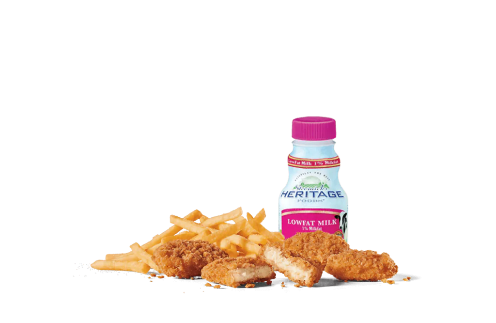 A delicious combo meal featuring crispy chicken nuggets alongside a pile of golden fries, complemented by a bottle of low-fat milk. The items are set against a clean, white background, focusing on the appealing texture and golden-brown color of the fried food, making it a tempting option for a quick and satisfying meal.