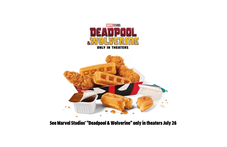 Promotional image featuring "Chicken & Waffle Sticks" for the Marvel Studios' movie "Deadpool & Wolverine," showing crispy chicken tenders, waffle sticks, and dipping sauces, set against a themed backdrop with the movie title and release date, "only in theaters July 26."