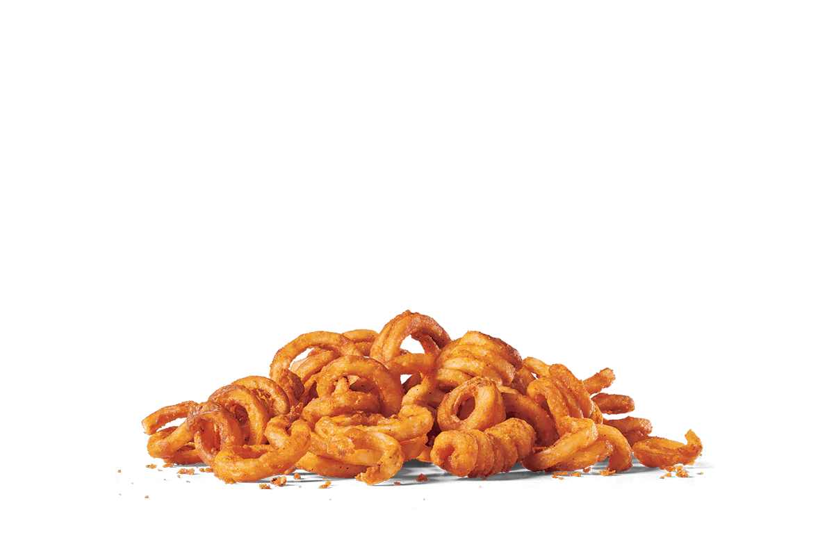 A pile of golden curly fries against transparent background. The fries have a crisp texture and are seasoned with a light coating of spices, giving them a vibrant orange hue. The curls vary in size and shape, adding visual interest to the arrangement.