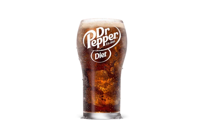 A frosty glass of Diet Dr Pepper soda, filled with bubbling dark cola and highlighted by a frosted logo that reads "Dr Pepper Diet." The beverage is showcased against transparent background, emphasizing the refreshing look of the carbonated drink.