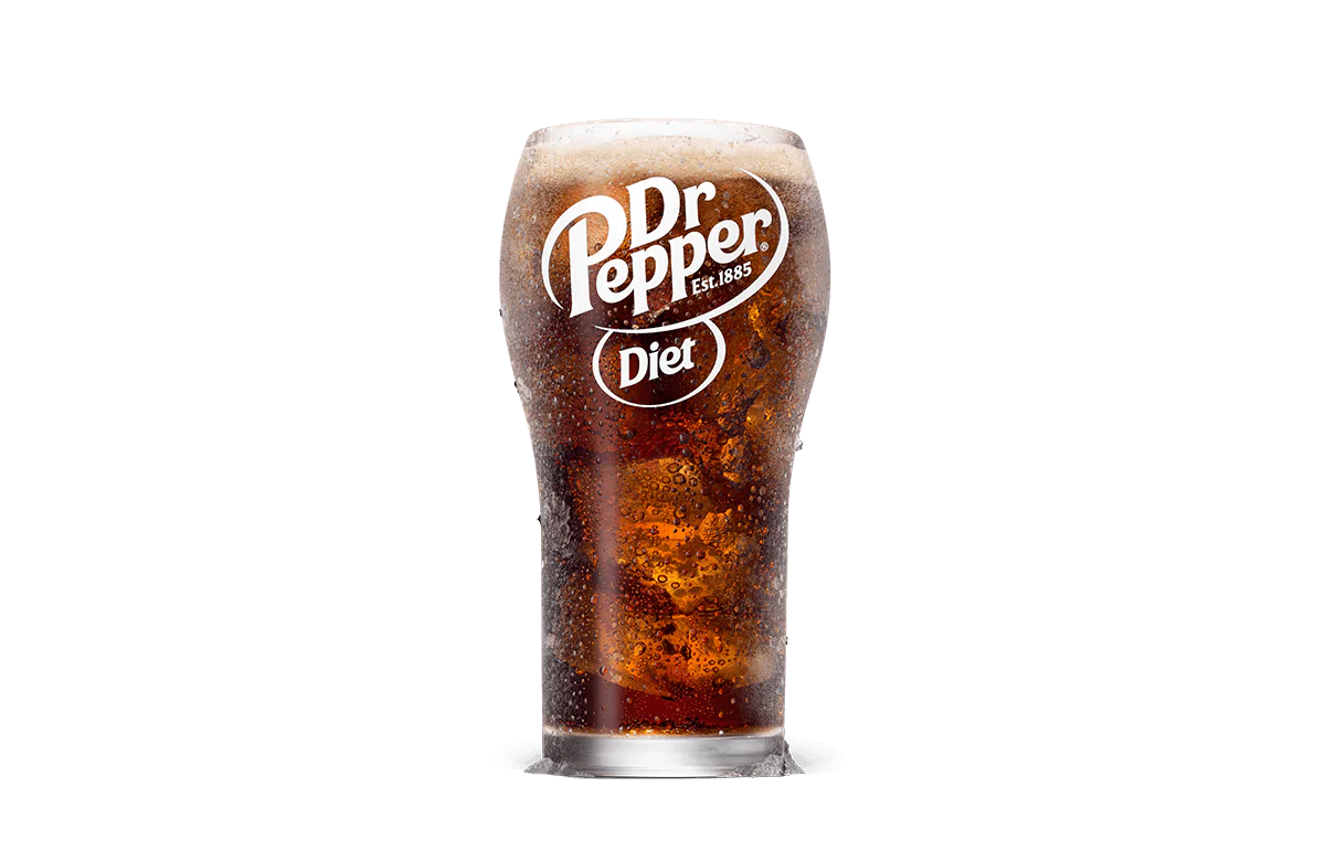 A frosty glass of Diet Dr Pepper soda, filled with bubbling dark cola and highlighted by a frosted logo that reads "Dr Pepper Diet." The beverage is showcased against transparent background, emphasizing the refreshing look of the carbonated drink.