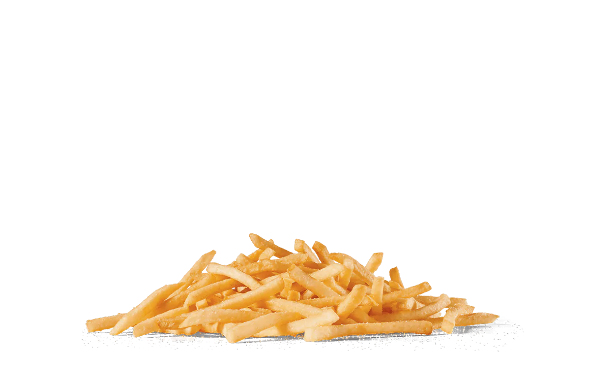 A heap of classic French fries scattered on transparent background. The fries are thin and golden with a crispy texture, slightly salted and freshly fried, inviting a bite.