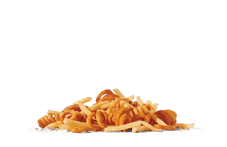 A mixed pile of classic straight-cut and curly fries on transparent background. The fries exhibit a golden hue and appear crispy, tossed together to provide a variety of textures. The curly fries are seasoned with spices, adding a reddish tint and visual interest.
