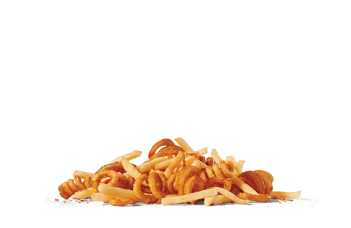 A mixed pile of classic straight-cut and curly fries on transparent background. The fries exhibit a golden hue and appear crispy, tossed together to provide a variety of textures. The curly fries are seasoned with spices, adding a reddish tint and visual interest.