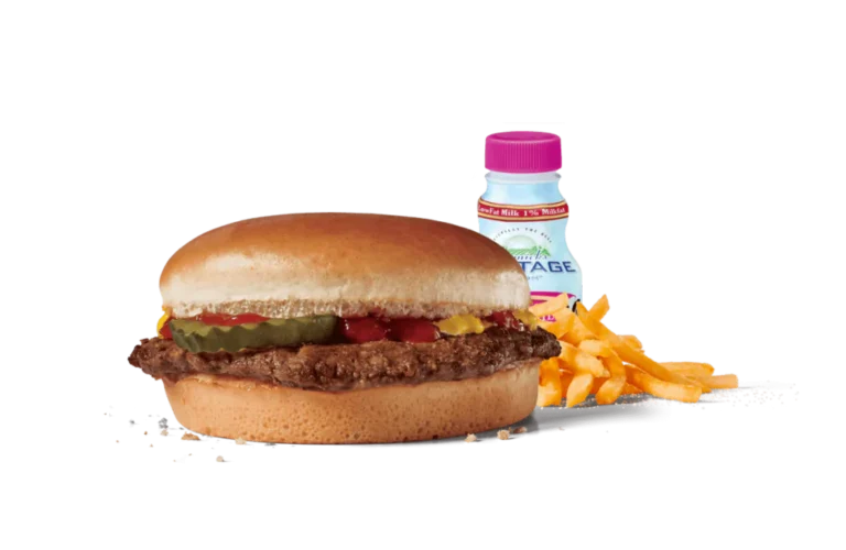 A complete hamburger combo meal featuring a classic hamburger with pickles, ketchup, and mustard, served alongside a portion of crispy French fries and a bottle of low-fat milk. The meal is displayed against transparent background, emphasizing the juicy burger and golden fries, perfect for a quick and satisfying lunch or dinner.