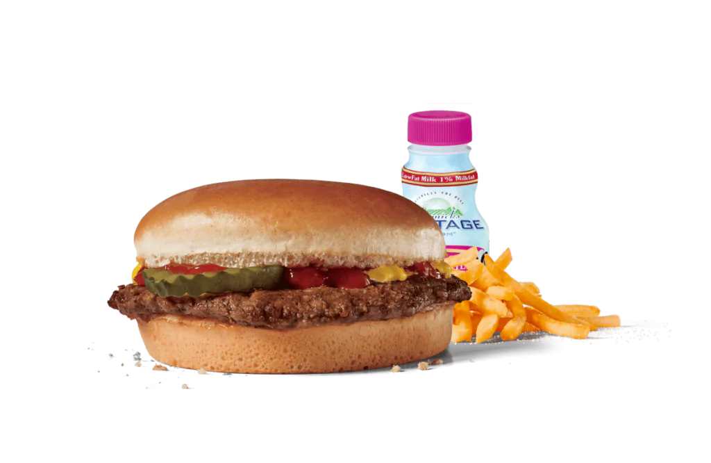 A complete hamburger combo meal featuring a classic hamburger with pickles, ketchup, and mustard, served alongside a portion of crispy French fries and a bottle of low-fat milk. The meal is displayed against transparent background, emphasizing the juicy burger and golden fries, perfect for a quick and satisfying lunch or dinner.