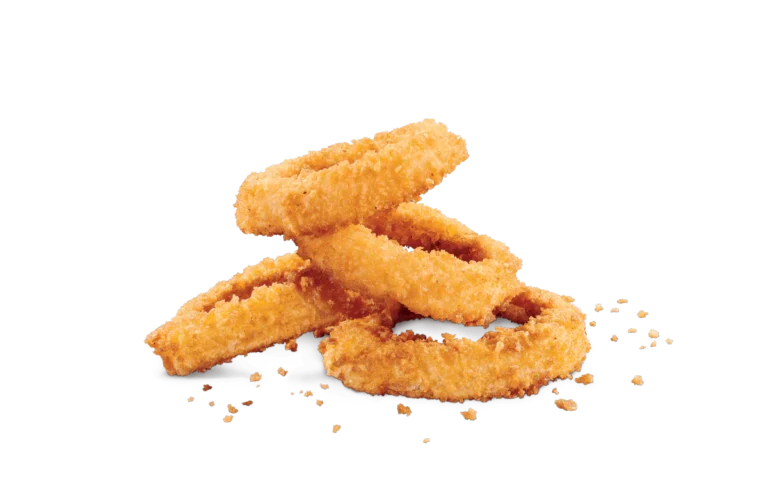 A stack of crispy golden onion rings on transparent background. The onion rings are evenly coated in a crunchy breadcrumb batter, with some crumbs visible around them. The texture is visibly crispy, and the rings are interlocked, showcasing their perfect golden-brown color.