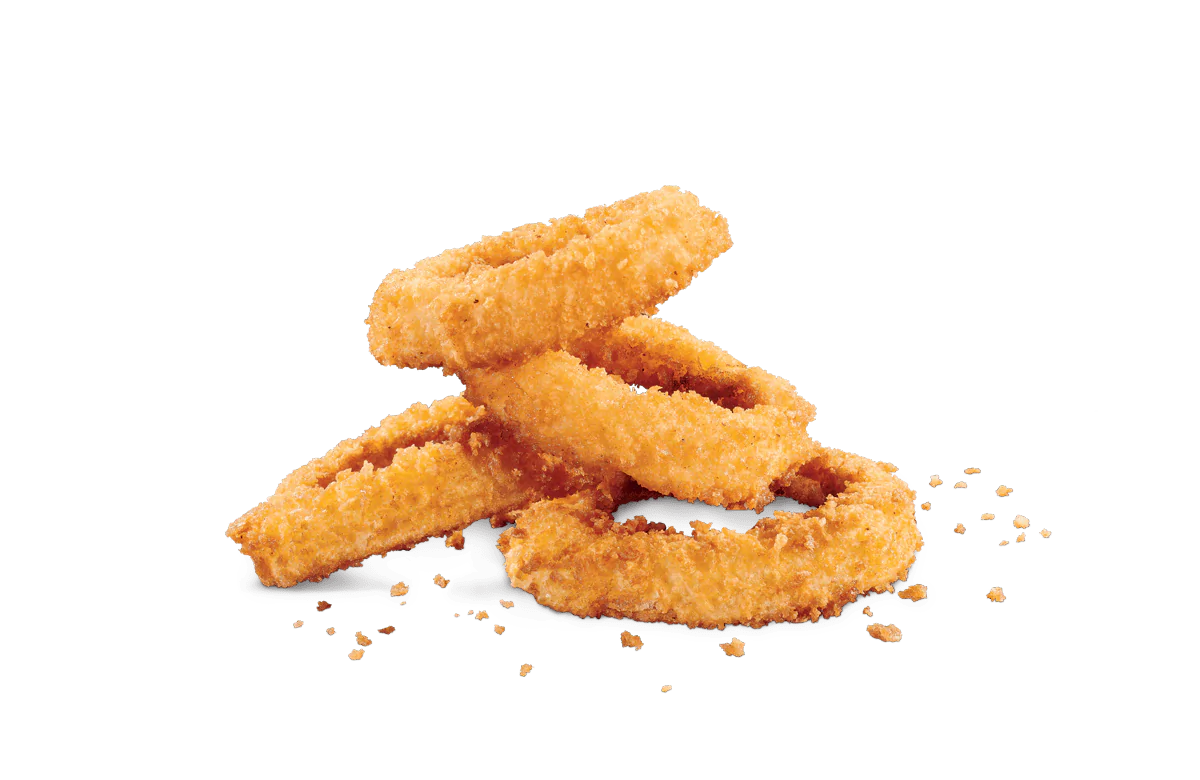 A stack of crispy golden onion rings on transparent background. The onion rings are evenly coated in a crunchy breadcrumb batter, with some crumbs visible around them. The texture is visibly crispy, and the rings are interlocked, showcasing their perfect golden-brown color.