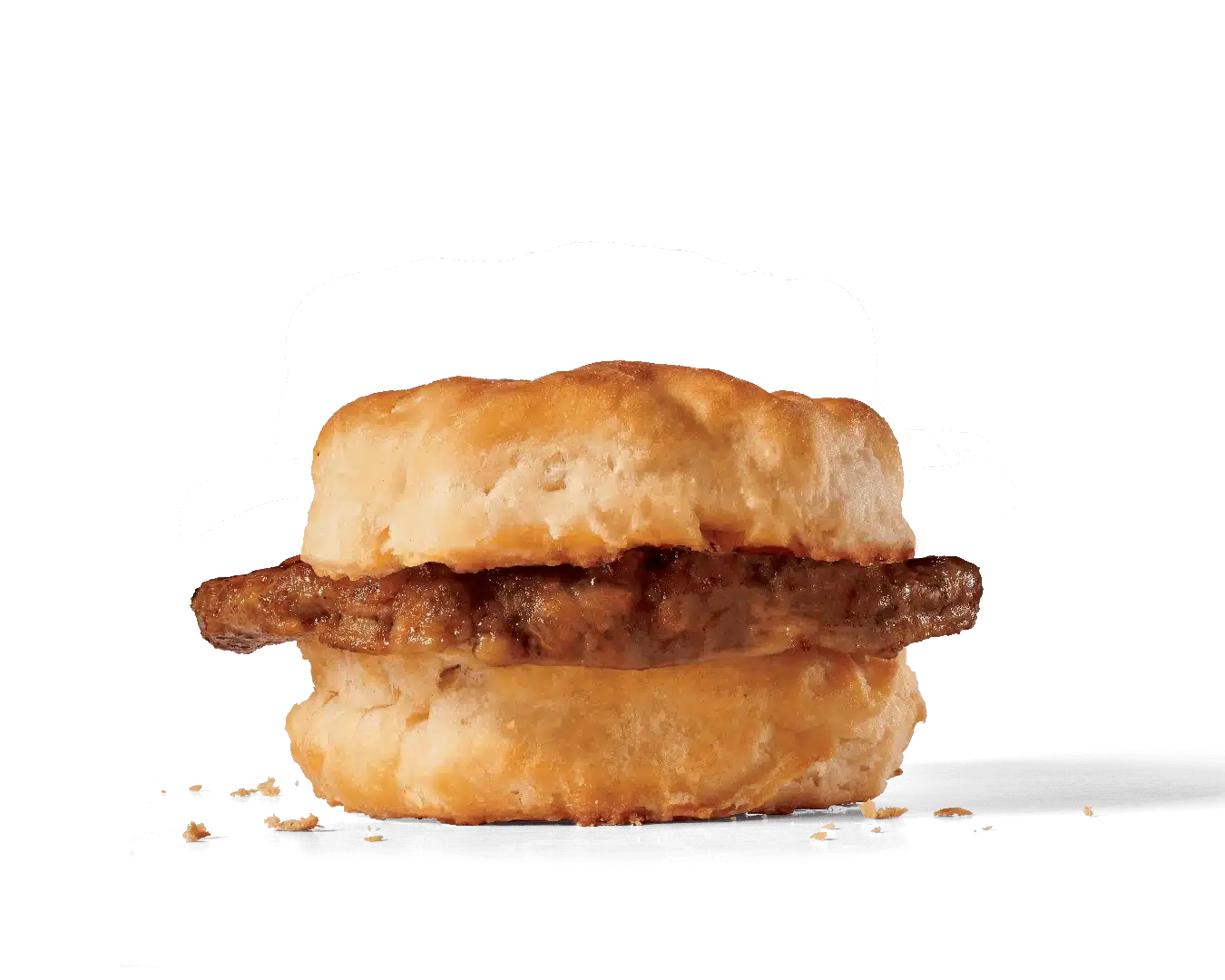 Image of a Sausage Biscuit featuring a thick, savory sausage patty encased in a soft, golden-brown biscuit, with visible crumbs indicating the crispiness of the biscuit and the juiciness of the sausage.