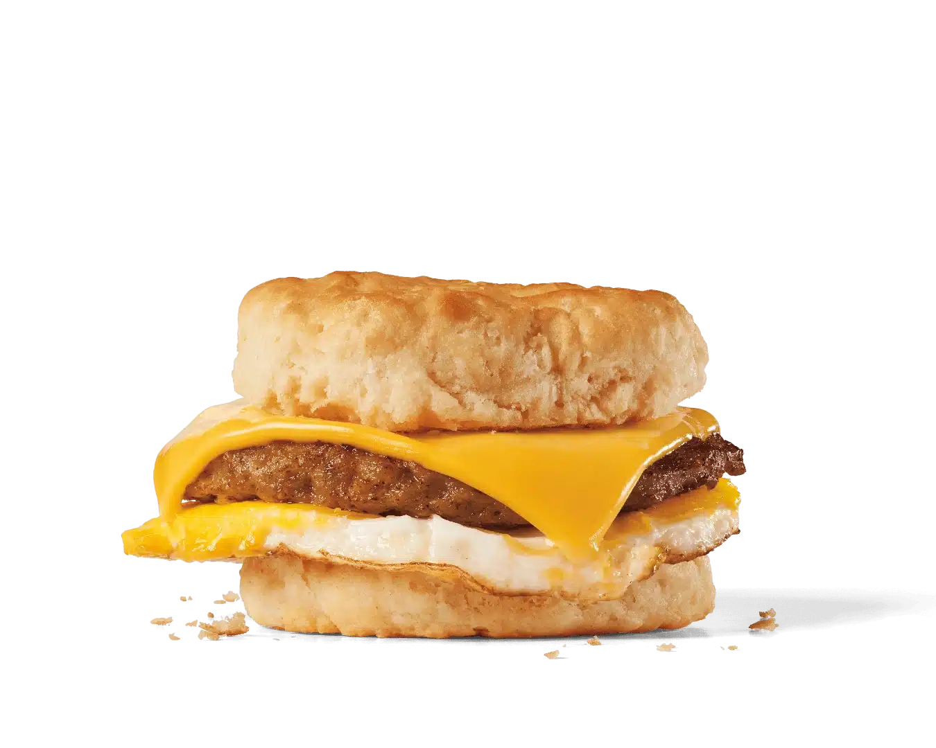 Image of a sausage, egg, and cheese biscuit, featuring a savory sausage patty topped with a fried egg and a slice of melted American cheese, sandwiched between a soft, flaky biscuit, forming a hearty breakfast sandwich.