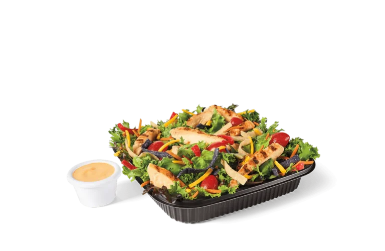 A vibrant Southwest-style salad featuring mixed greens, grilled chicken strips, cherry tomatoes, shredded cheese, colorful tortilla strips, and a side of creamy spicy dressing in a small container.