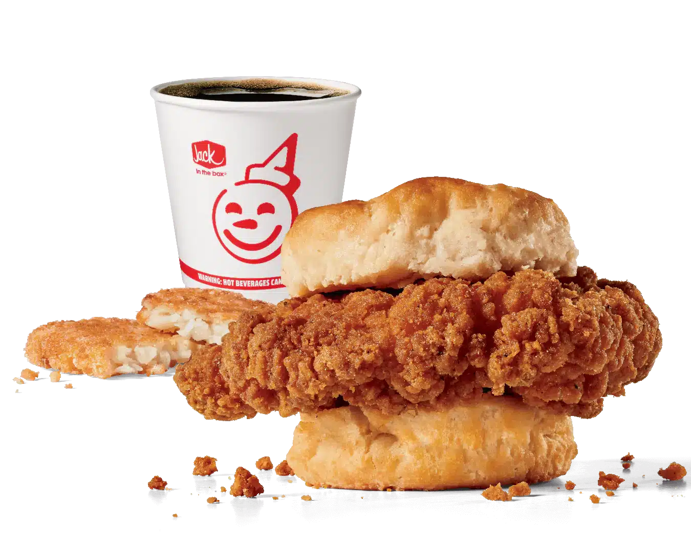 Image showing Jack in the Box's Spicy Chicken Biscuit Combo, which includes a spicy, crispy chicken fillet served on a soft biscuit, paired with a golden hash brown and a white coffee cup featuring the smiling Jack in the Box logo. The meal is highlighted against a transparent backdrop, emphasizing the textures of the flaky biscuit and crunchy chicken.