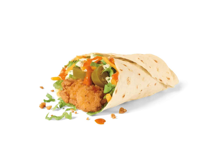 A spicy crispy jack wrap with a breaded chicken patty, fresh lettuce, slices of green bell peppers, and a drizzle of spicy orange sauce, all wrapped in a soft flour tortilla. The wrap is partially opened, showing its colorful and crunchy filling, set against transparent background with crumbs scattered around.