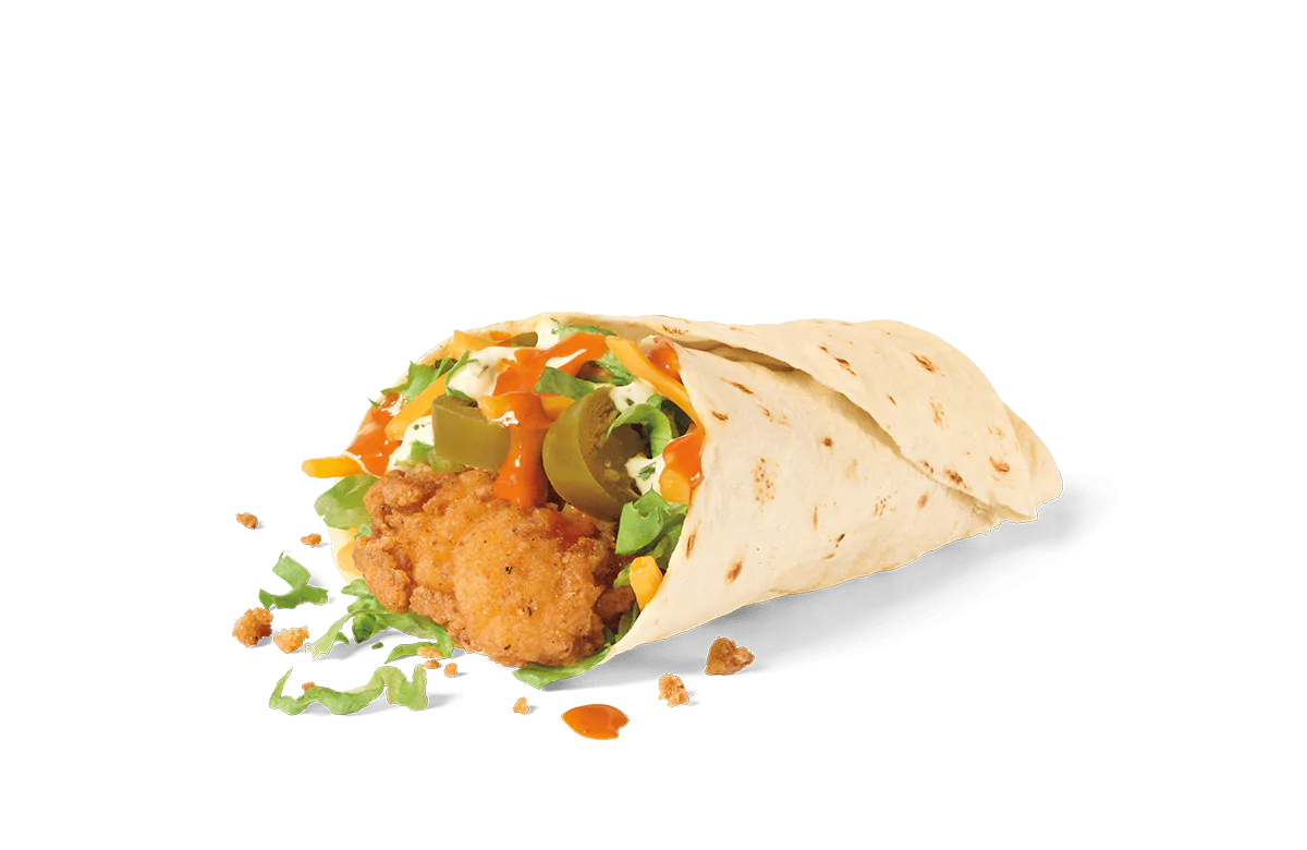 A spicy crispy jack wrap with a breaded chicken patty, fresh lettuce, slices of green bell peppers, and a drizzle of spicy orange sauce, all wrapped in a soft flour tortilla. The wrap is partially opened, showing its colorful and crunchy filling, set against transparent background with crumbs scattered around.