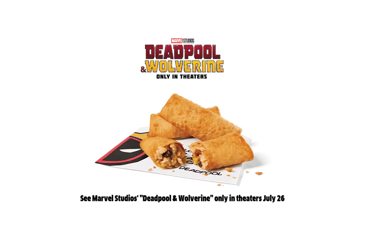 A promotional image featuring Jack in the Box's Mini Chimis, crispy fried mini chimichangas with a filling of chicken, beans, and spices, placed on Deadpool-themed packaging. The image includes branding for Marvel Studios' Deadpool & Wolverine, promoting the movie's release in theaters on July 26.