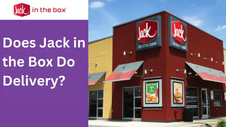 Exterior view of a Jack in the Box restaurant with the question "Does Jack in the Box Do Delivery?" in bold text over a purple background.
