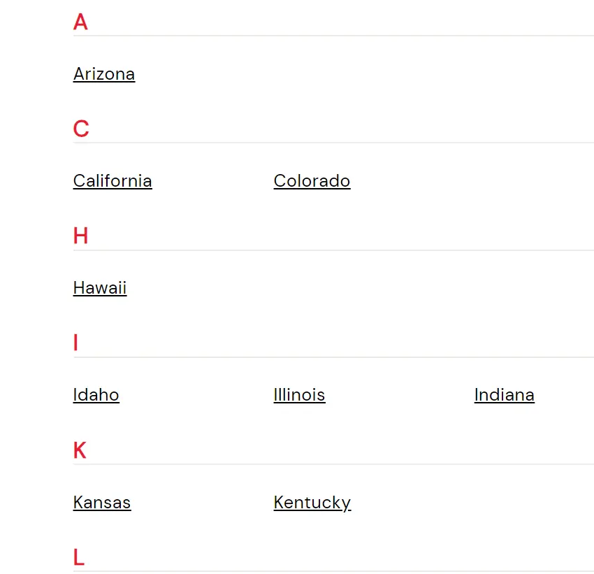 A screenshot listing Jack in the Box restaurant locations organized alphabetically by U.S. state, including Arizona, California, Colorado, Hawaii, Idaho, Illinois, Indiana, Kansas, and Kentucky.