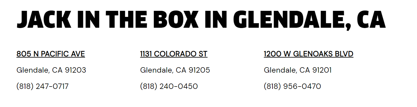 A screenshot listing Jack in the Box restaurant locations in Glendale, California, including addresses and phone numbers. Locations include 805 N Pacific Ave, 1131 Colorado St, and 1200 W Glenoaks Blvd.