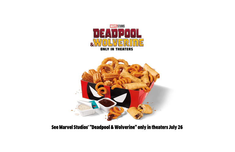 A special edition Jack's Fan Favs Box featuring curly fries, onion rings, waffle fries, and mini chimichangas, inspired by Marvel Studios' Deadpool & Wolverine. The box has Deadpool-themed packaging and includes dipping sauces. Movie release date: July 26.