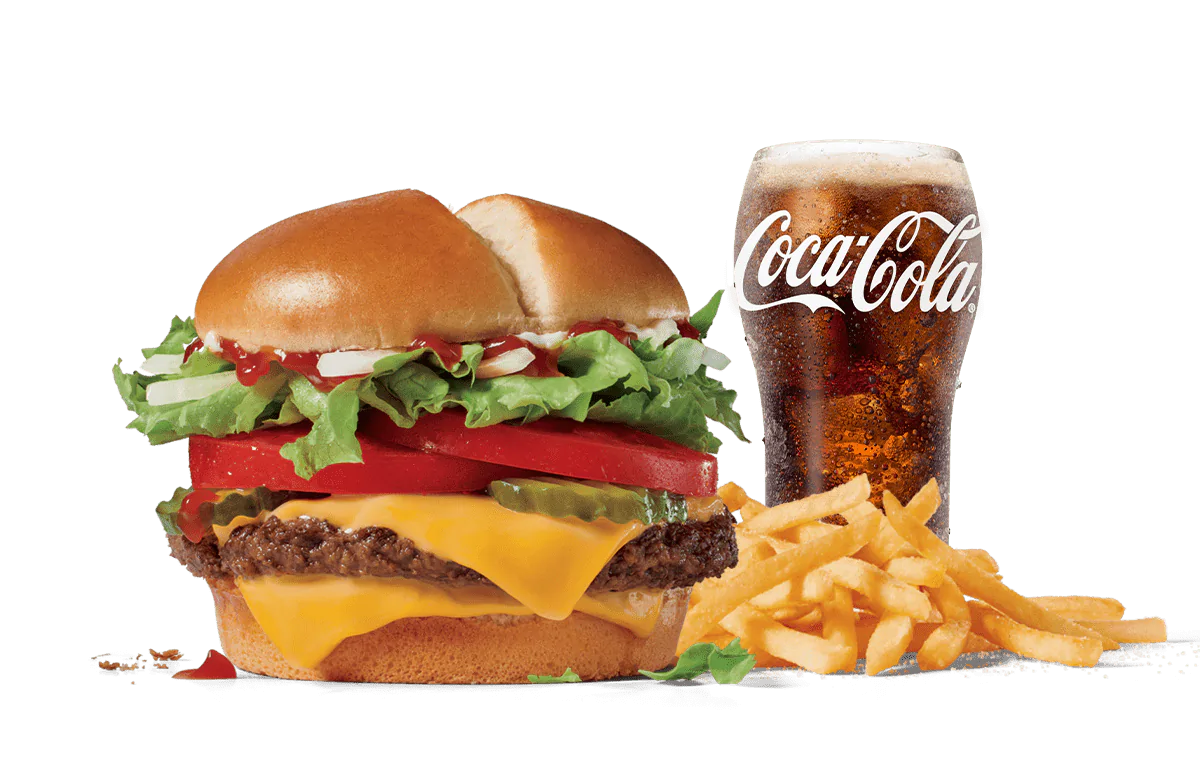 A delicious cheeseburger with fresh lettuce, tomato, pickles, and melted cheese, served with crispy French fries and a refreshing glass of Coca-Cola.