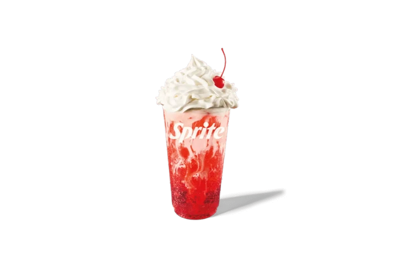 A refreshing Sprite® Strawberries & Cream Twisted Soda topped with whipped cream and a cherry, featuring a vibrant red strawberry swirl in a clear cup with the Sprite logo.